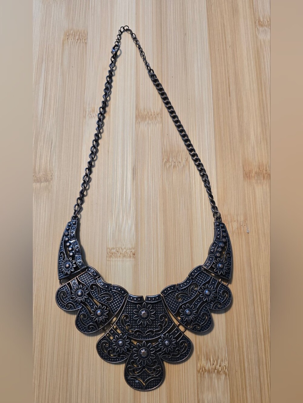Gunmetal Filigree Flower Plate Statement Collar Necklace